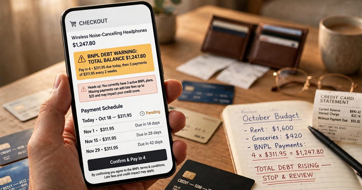 A smartphone showing a buy now pay later checkout with warning signs around installment payments
