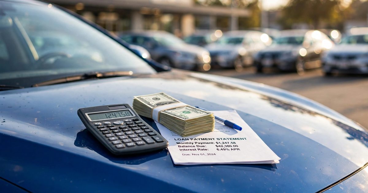 A car next to a calculator and shrinking paycheck, illustrating how car payments eat a salary
