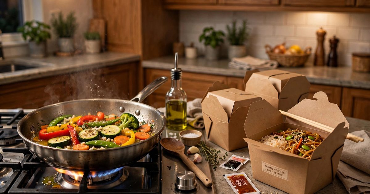 A home-cooked meal next to a takeout bag with a price comparison between cooking and eating out