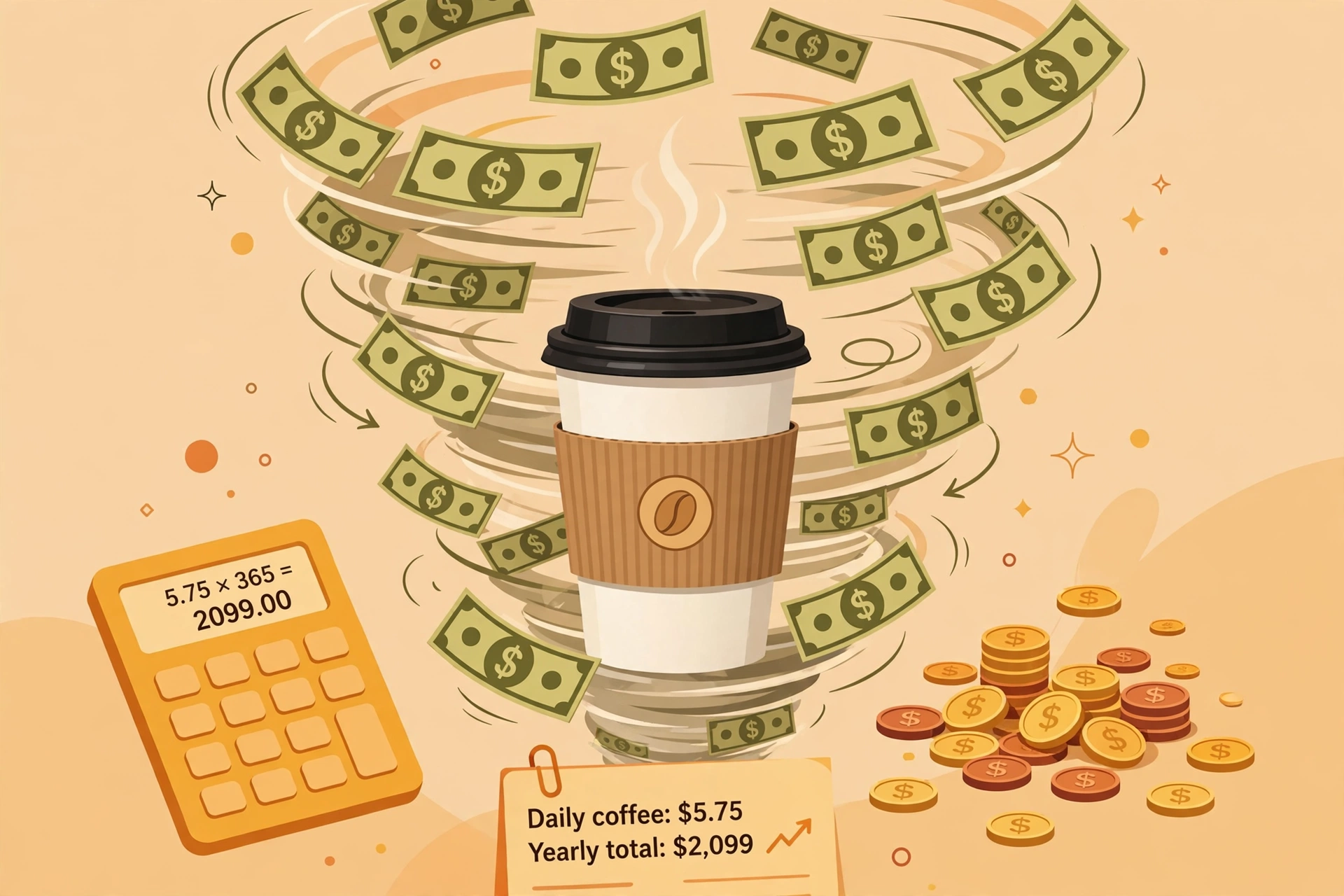 Coffee cup with dollar bills swirling around it showing daily spending adding up