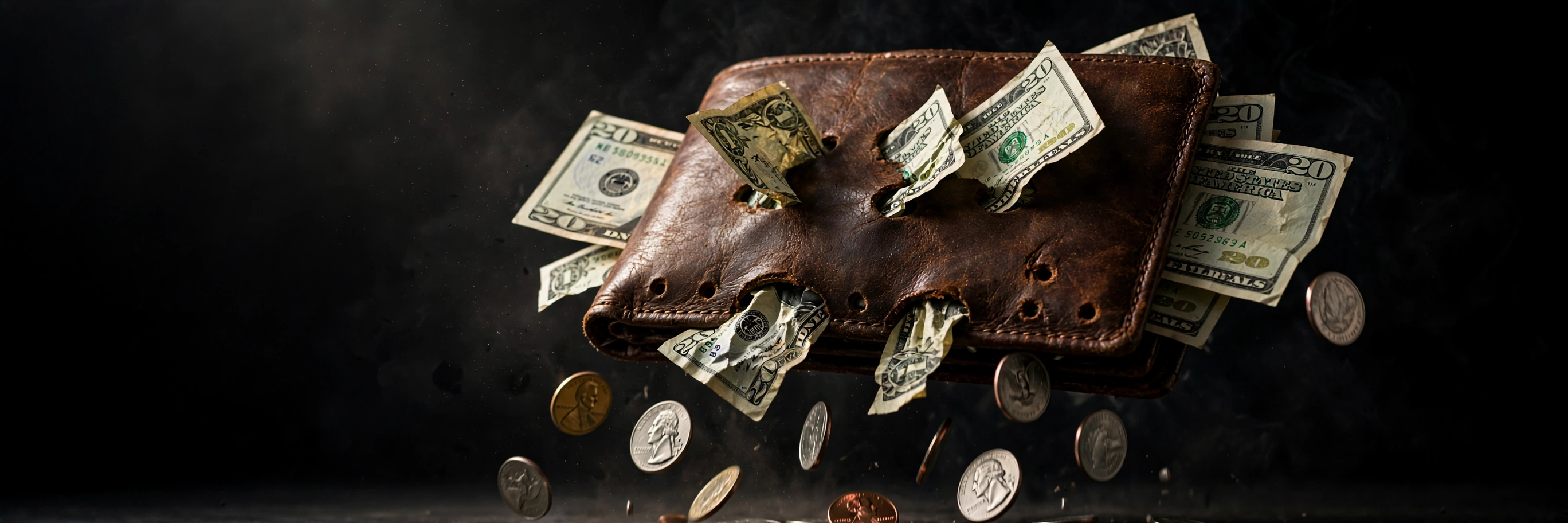 Wallet with dollar bills slipping out through small holes — hidden money leaks
