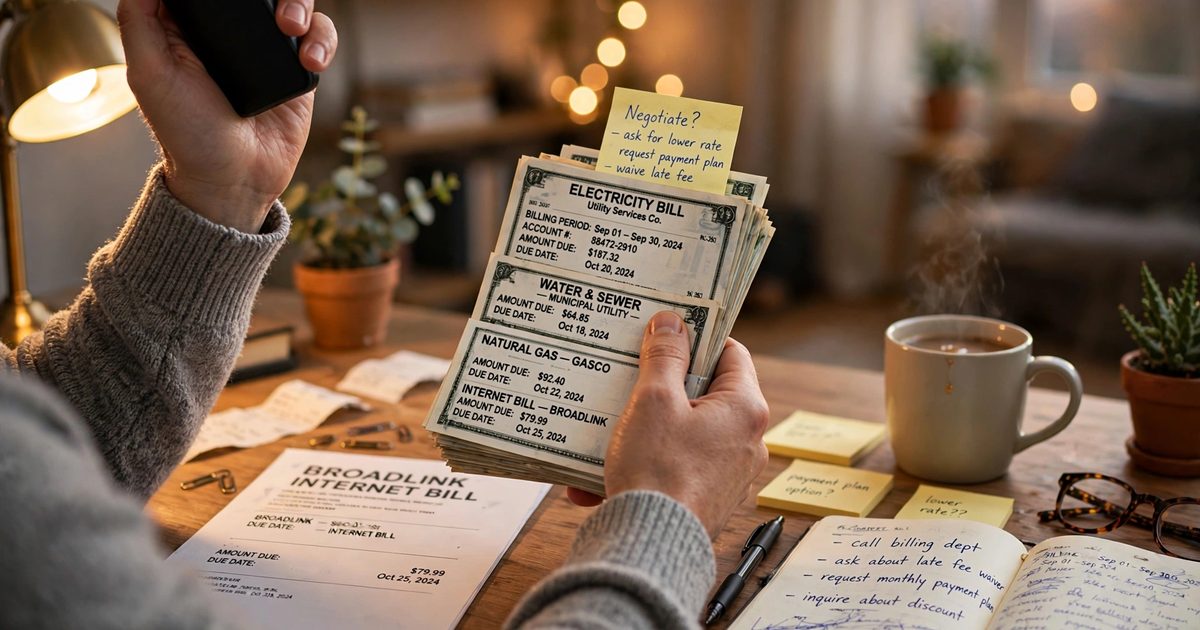Person on phone negotiating bills with monthly statements spread out