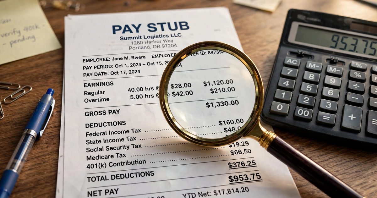 Close-up of a pay stub with gross pay, tax withholdings, and net pay sections highlighted