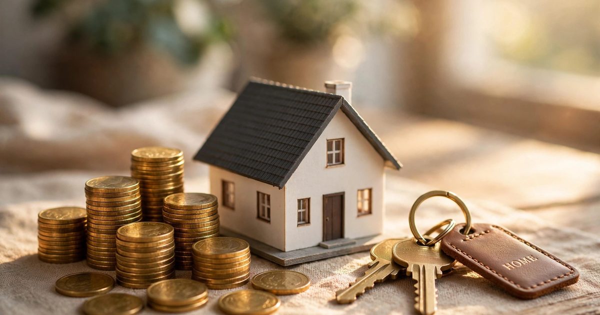 A small house model on top of a stack of coins with a savings jar beside it
