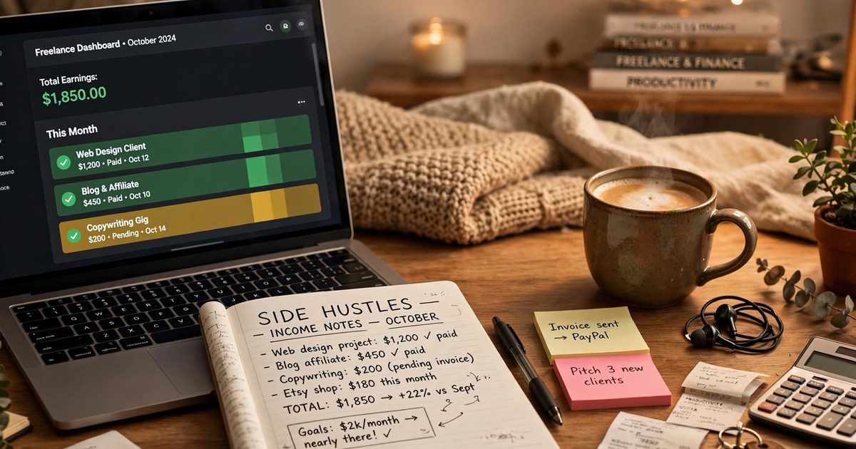 A person working a side hustle at a desk with a laptop, packages, and tools representing gig work