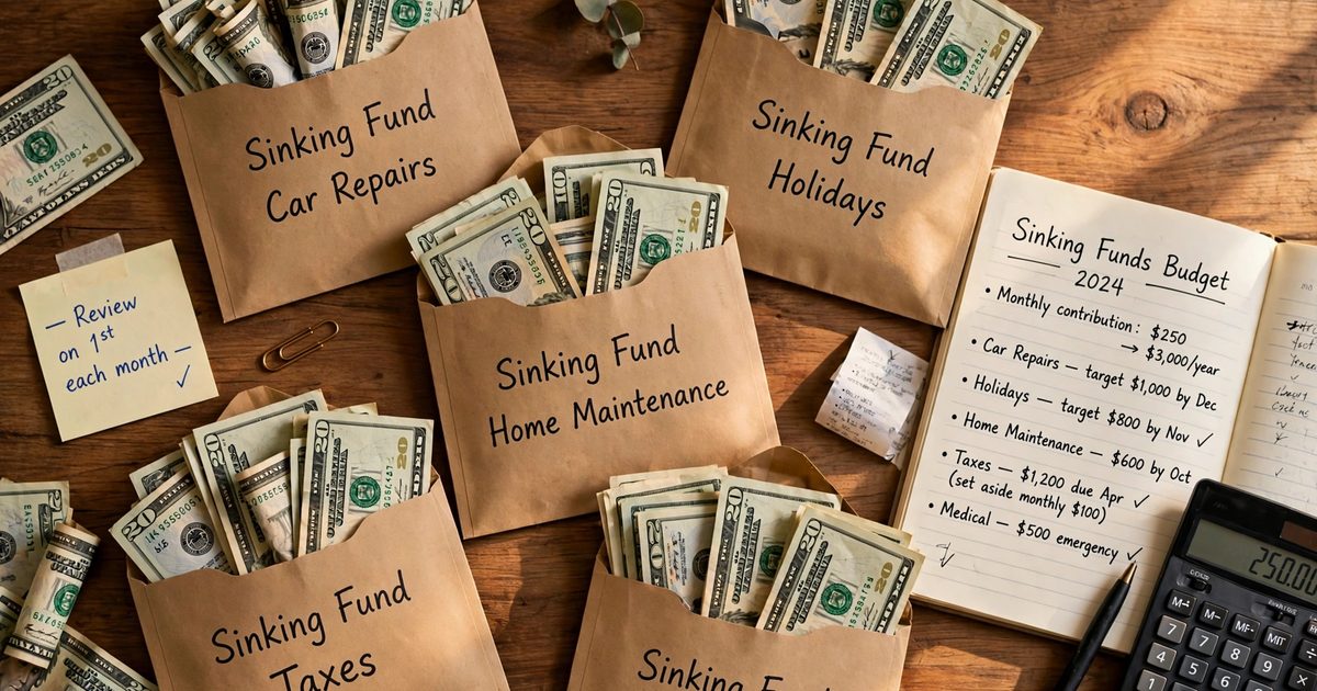 Envelopes labeled for sinking funds like car repairs, holidays, and vet bills, with cash being saved monthly